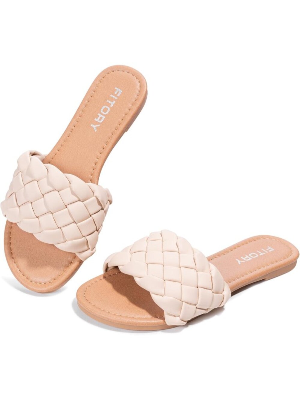Women's Nude Flat Sandals Fashion Round Open Toe Slip On Slides with Strap